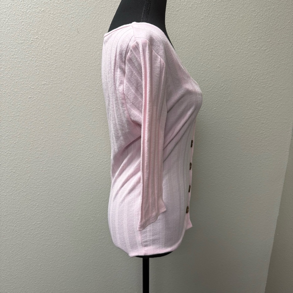 Free People Pink Ribbed Button Top L Boho Fitted Stretch Casual Chic - Picture 6 of 10